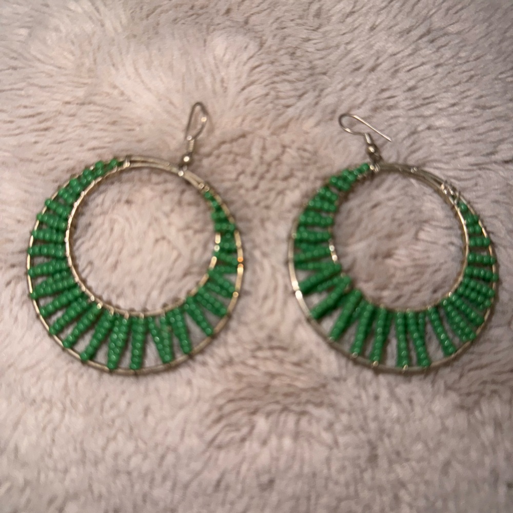 Vintage Bohemian Green Beaded Hoop Earrings‎ Pierced Boho Hobo